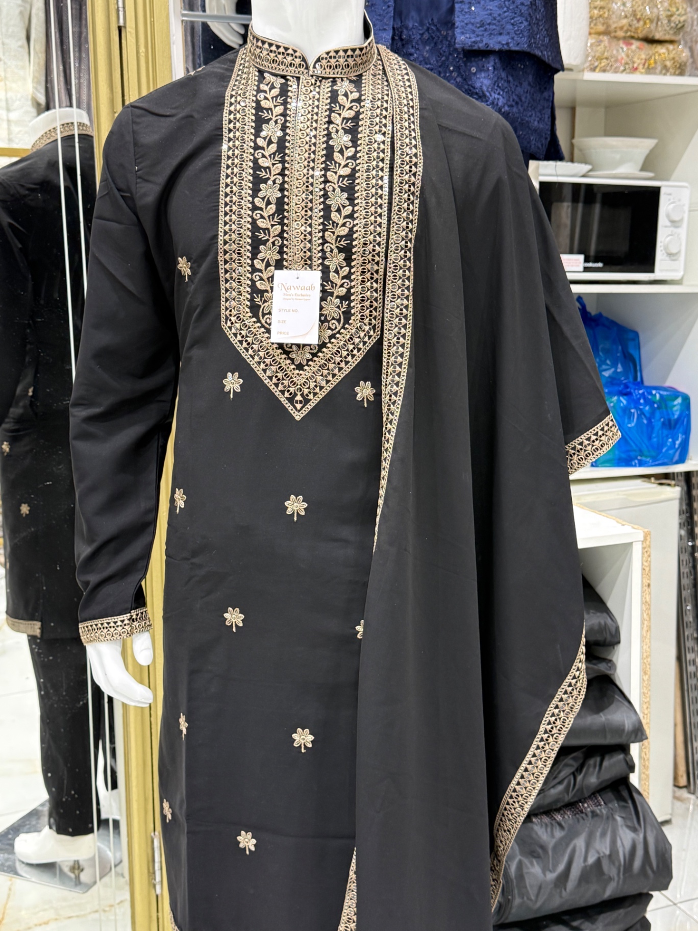 Black kurta with gold embroidery and matching shawl